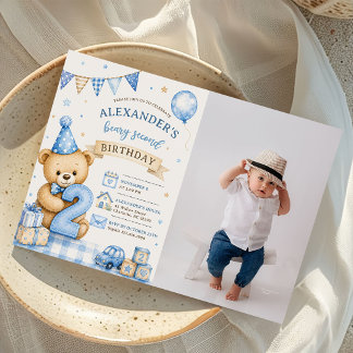 Teddy Beary mit blauem Schleif zweites Geburtstags Einladung
