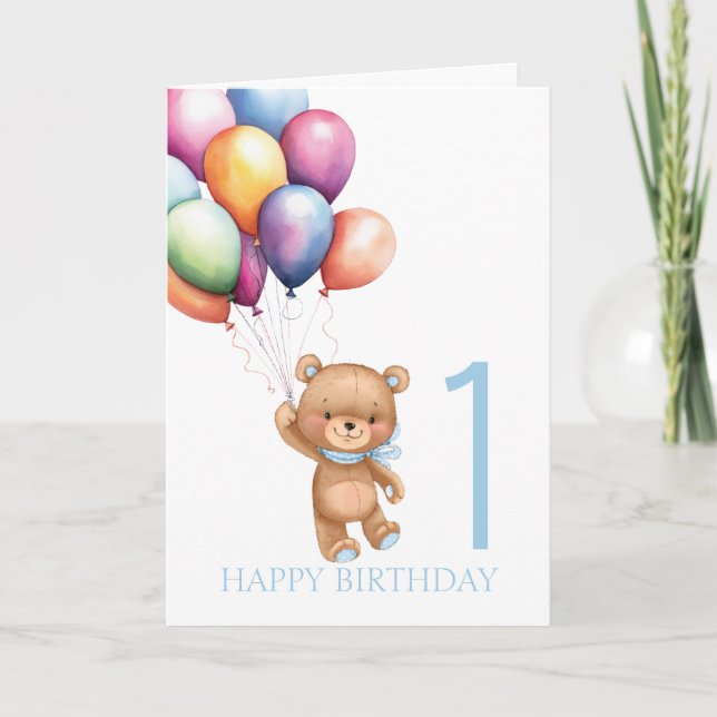 Teddy Blue 1st Birthday Balloons Card Karte (Vorderseite)