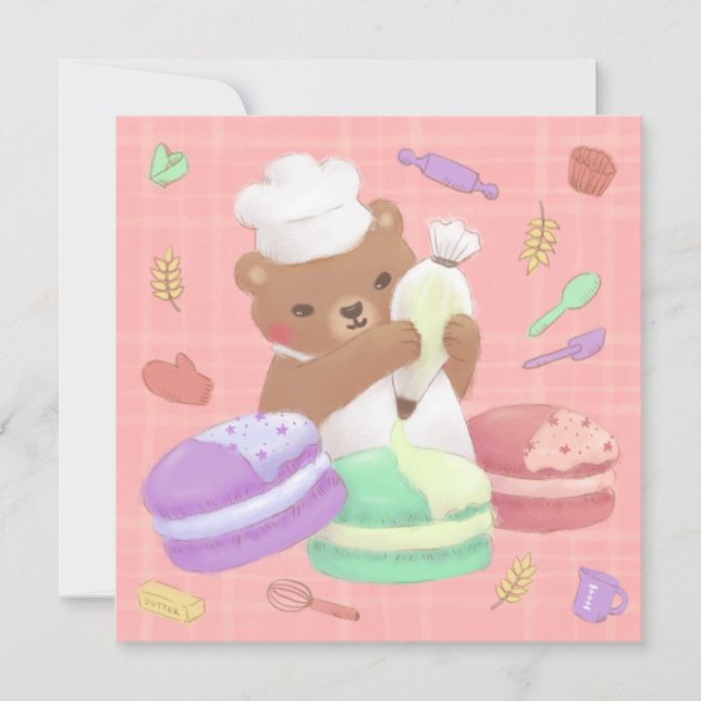 Teddy der Bäcker mit Macarons Einladung (Vorderseite)