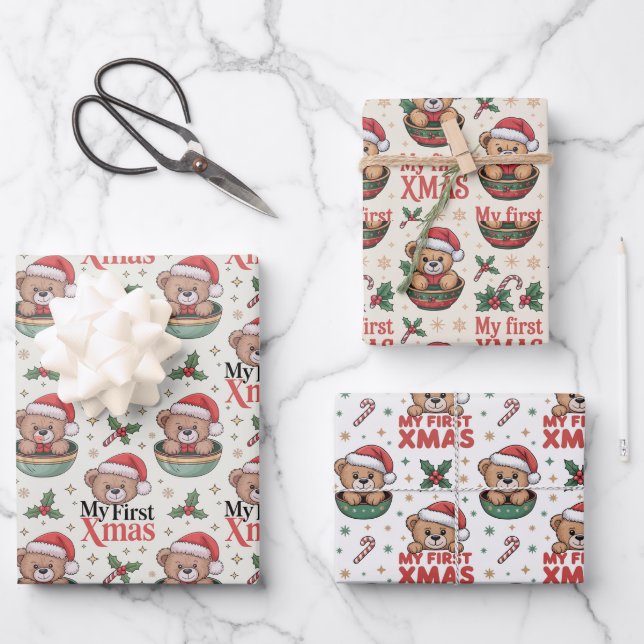 Teddy für das erste Weihnachten des Babys  Geschenkpapier Set (Vorderseite)