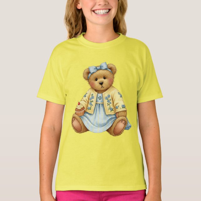 Teddy in einem blauen Linenkleid mit Cupcake T-Shirt (Vorderseite)