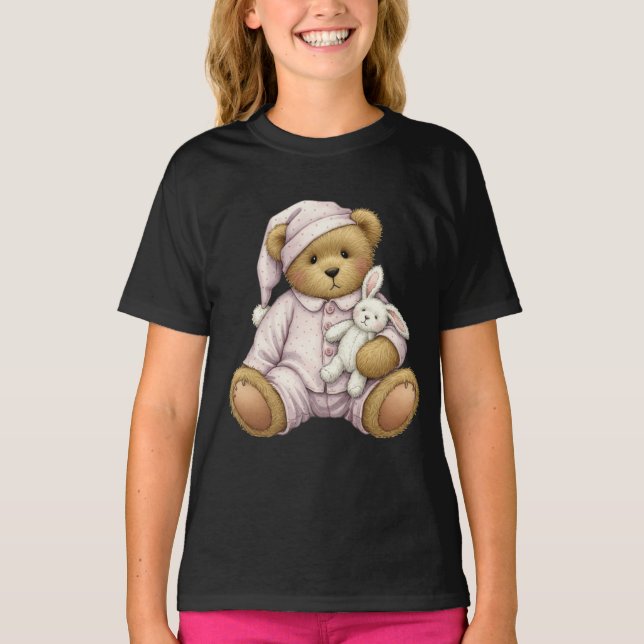 Teddy in einem rosa Pajama mit einem Push-Kaninche T-Shirt (Vorderseite)