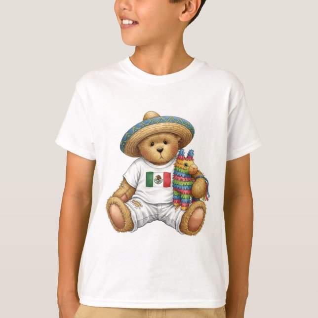 Teddy in einem T - Shirt mit mexikanischer Flagge, (Vorderseite)