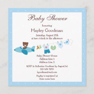 Teddy in Flugzeug & Clothesline Blue Baby Dusche Einladung