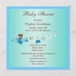 Teddy in Flugzeug & Clothesline Blue Baby Dusche Einladung