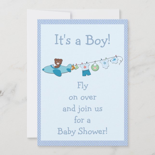 Teddy in Flugzeug & Clothesline Blue Boy Baby Dusc Einladung (Vorderseite)