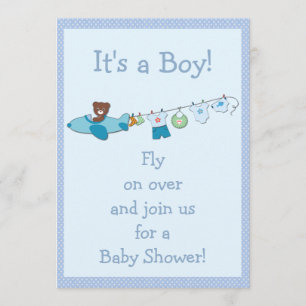 Teddy in Flugzeug & Clothesline Blue Boy Baby Dusc Einladung