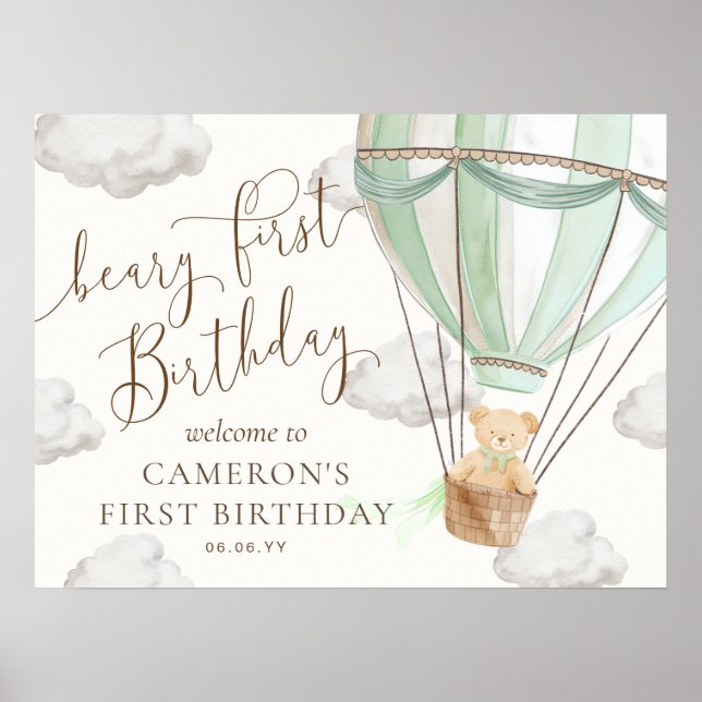 Teddy Mint Heißluftballon Bary First Birthday Poster (Vorne)