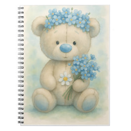 Teddy mit einer blauen Nase und Vergessen-Me-Nots Notizblock