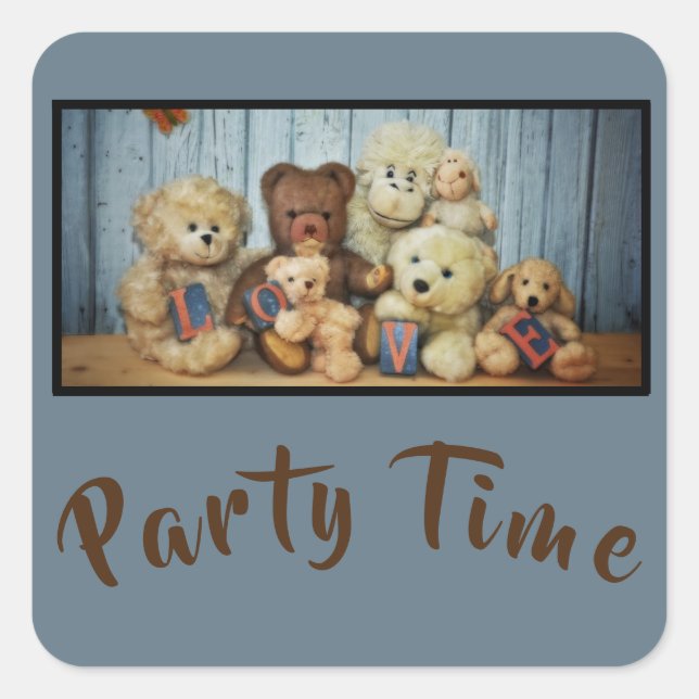 Teddy mit Freunden Quadratischer Aufkleber (Vorderseite)