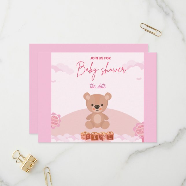Teddy Pink Bear Girl Warten Baby Dusche Einladung (Vorderseite/Rückseite Beispiel)