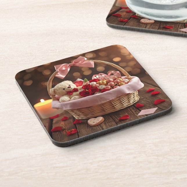 Teddy Rose Basket Romantic Valentine Heart Drink Getränkeuntersetzer (Linke Seite)