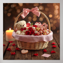 Teddy Rose Basket Romantic Valentine Wall Poster