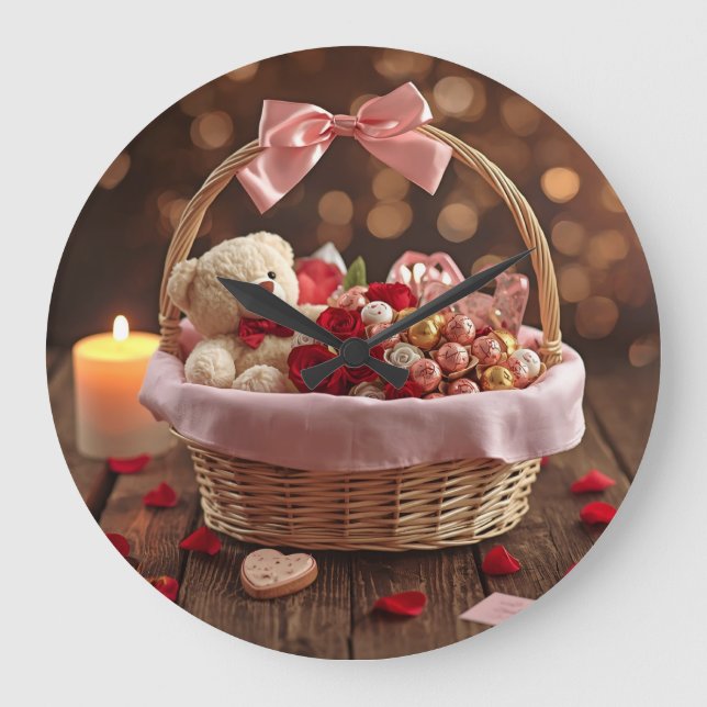 Teddy-Rosen-Korb Romantische Dekoration zum Valent Große Wanduhr (Vorderseite)