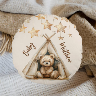 Teddy-Teepe-beige-braune Sterne Boho-Kinderzimmer Rundes Kissen