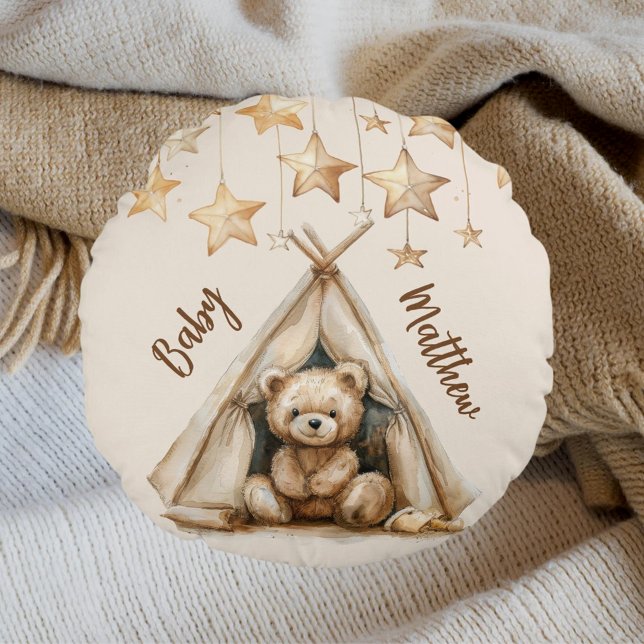 Teddy-Teepe-beige-braune Sterne Boho-Kinderzimmer Rundes Kissen (Von Creator hochgeladen)