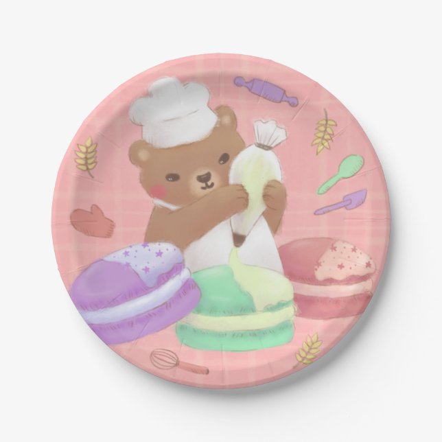 Teddy the Baker mit Macarons Pappteller (Vorderseite)