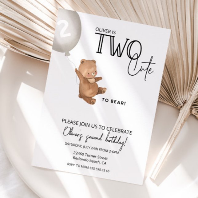 Teddy trägt 2. Geburtstag ZWEI niedlich Einladung (Teddy Bear Inviation, TWO CUTE TO BEAR birthday invitation)