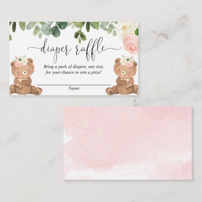 Teddy von Zwillingsmädchen trägt eine Rosa-Blütenp Begleitkarte (Vorne/Hinten)