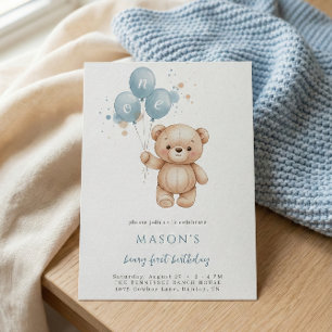 Teddybär 1. Geburtstag Blaue Wasserfarbe Einladung