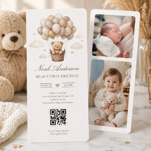 Teddybär 1. Geburtstag   Neutrales Boho-Thema QR  Einladung