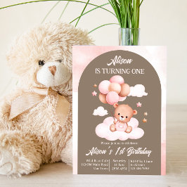 Teddybär aus rosa und braunen Bogen mit Ballons Pa Einladung