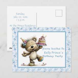 Teddybär-Baby-Junge-Geburtstagseinladung Postkarte