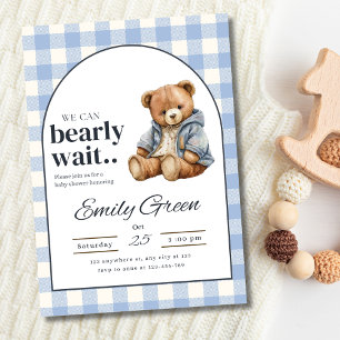 Teddybär-Baby-Party-Einladung, Blau kariert Baby Einladung