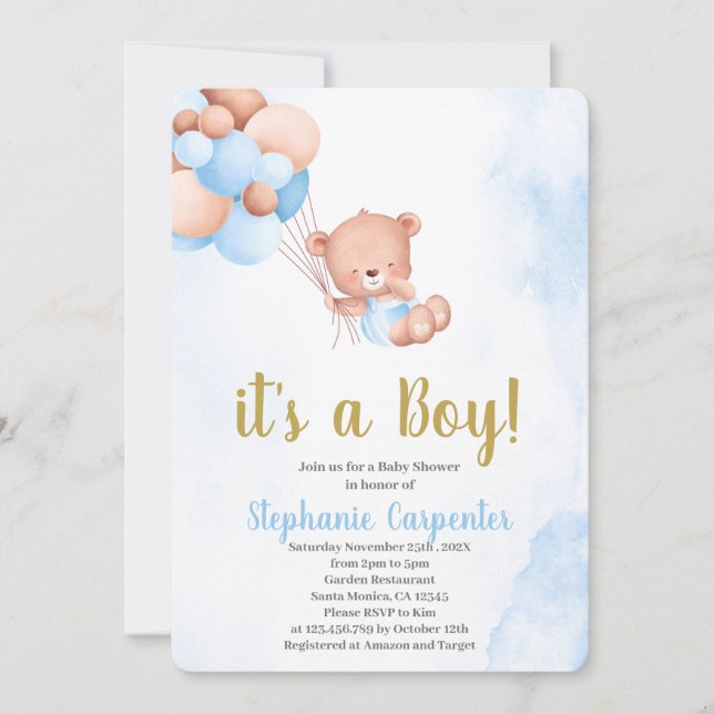 Teddybär Baby Shower Junge Einladung (Vorderseite)