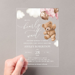 Teddybär, Babybär, rosa Luftballons, Babyparty Acryleinladungen