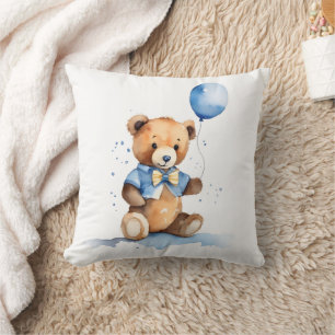 Teddybär Babyjunge mit blauem Luftballon Kissen