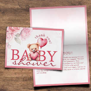 Teddybär-Babyshower mit Wasserfarbe in Rosa Faltka Dankeskarte
