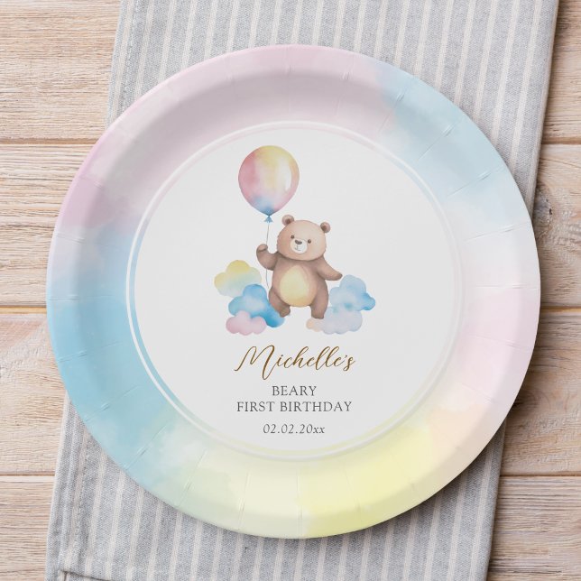Teddybär-Ballonwolken Beary Erster Geburtstag Pappteller (Von Creator hochgeladen)