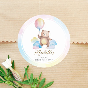 Teddybär-Ballonwolken Beary Erster Geburtstag Runder Aufkleber