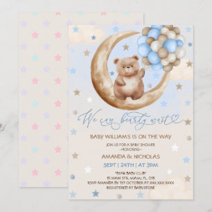 Teddybär-Balloons & Mond Blau Jungen-Baby-Party Einladung