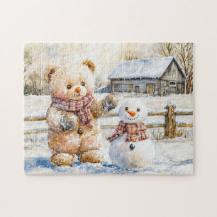 Teddybär baut einen Schneemann Puzzle