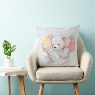 Teddybär beim Lesen eines Buches Baby in Blüte Kissen
