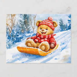 Teddybär beim Schlittenfahren im Winter Postkarte