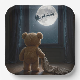 Teddybär beobachtet Santa Claus und Rentiere Pappteller