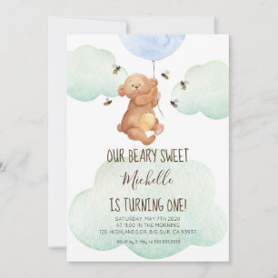 Teddybär-Bienen Beary süße Baby 1. Geburtstag Einladung