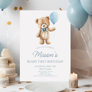 Teddybär Blau Beary Erste 1. Geburtstagsfeier Einladung