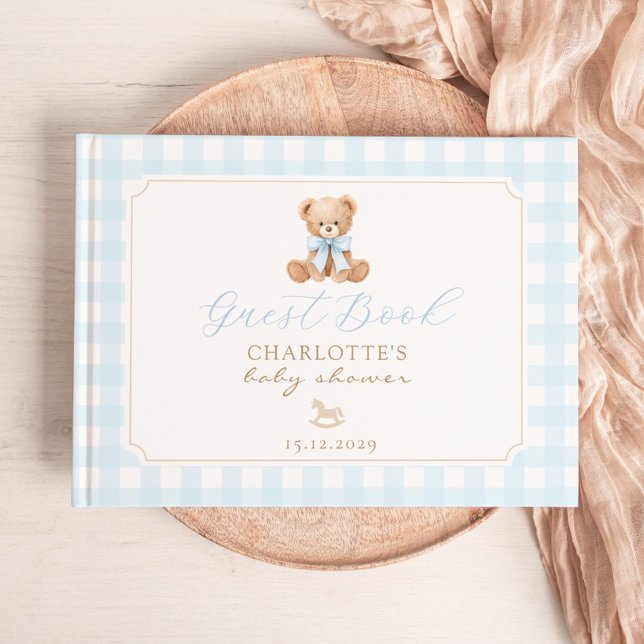 Teddybär Blau Ginghma Babyparty Gästebuch (Von Creator hochgeladen)