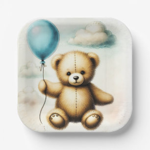 Teddybär Blaues Ballon Kaum warten Babyparty Pappteller