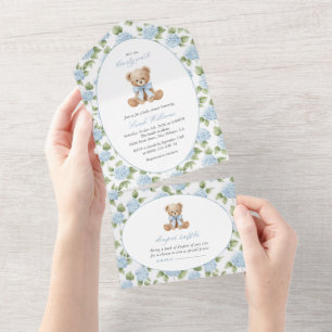 Teddybär, blaues Band, blaue Blumen, Babyparty All In One Einladung