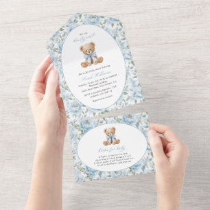 Teddybär, blaues Band, blaue Blumen, Babyparty All In One Einladung
