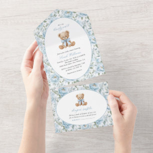 Teddybär, blaues Band, blaue Blumen, Babyparty All In One Einladung