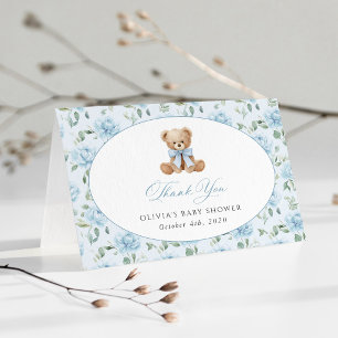 Teddybär, blaues Band, blaue Blumen, Babyparty Dankeskarte
