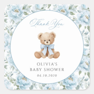 Teddybär, blaues Band, blaue Blumen, Babyparty Quadratischer Aufkleber