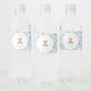 Teddybär, blaues Band, blaue Blumen, Babyparty Wasserflaschenetikett