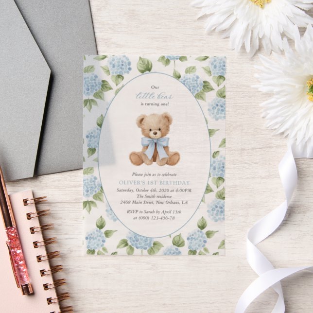 Teddybär, blaues Band, blaue Blumen, erster Geburt (Hochzeit)